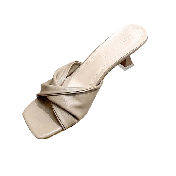 Xfvqtps Kitten Heels for Women Slide Sandals Open Square Toe Solid Color Cross Strap Leather Summer Mule Sandals Khaki