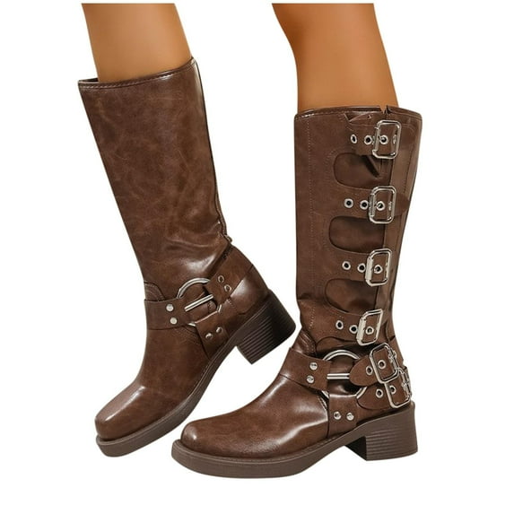 Xfvqtps Knee High Boots for Women Adjustable Buckle Strap Slip on Low Chunky Heel Square Toe Comfortable Winter Boots Fashion Casual Brown