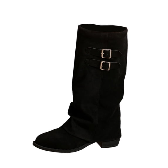 Xfvqtps Knee High Boots for Women Fold over Chunky Low Heel Double Buckle Strap Suede Tall Boots