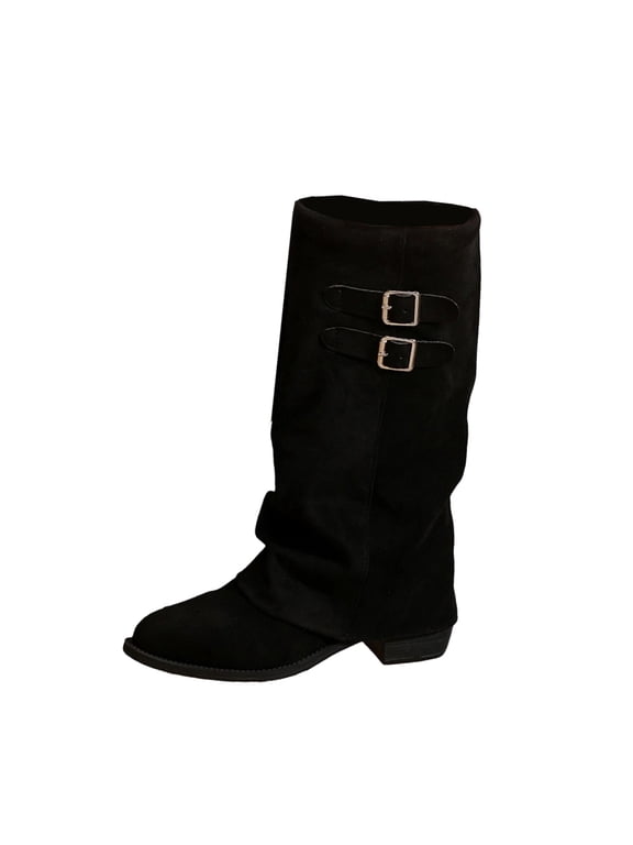 Knee High Boots for Women Fold over Chunky Low Heel Double Buckle Strap Suede Tall Boots