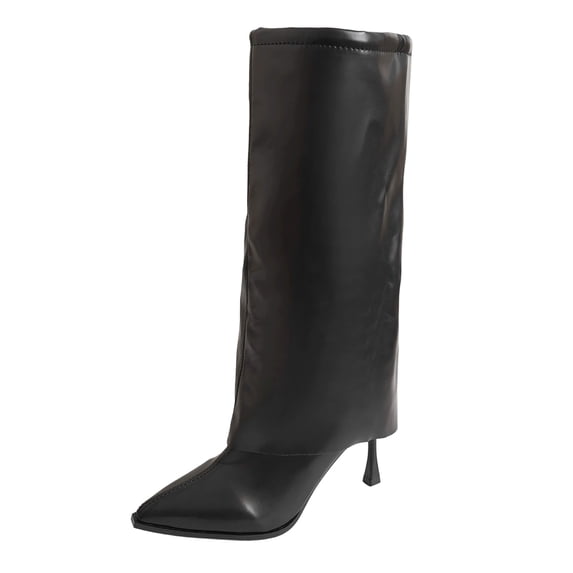 Xfvqtps Knee High Boots for Women Fold over Stiletto High Heeled Pointed Toe Faux Leather Tall Boots