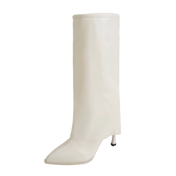 Xfvqtps Knee High Boots for Women Fold over Stiletto High Heeled Pointed Toe Faux Leather Tall Boots