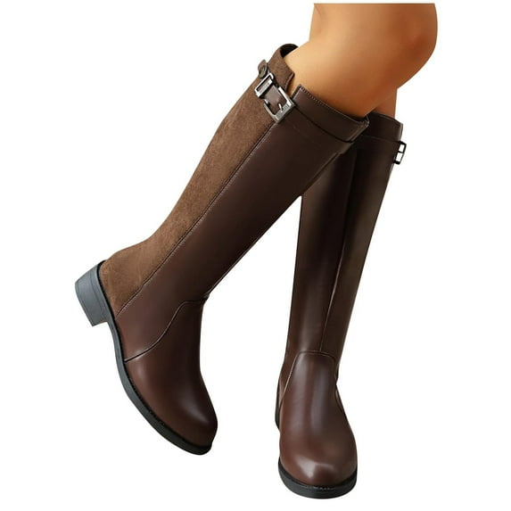 Xfvqtps Knee High Boots for Women Mid Calf Side Zipper Block Mid Heel Almond Toe Buckle Strap Leather Suede Splicing Casual Fashion Boots Brown