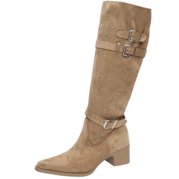 Xfvqtps Knee High Boots for Women Pull on Pointed Toe Chunky Low Heel Buckle Strap Decoration Suede Tall Boots