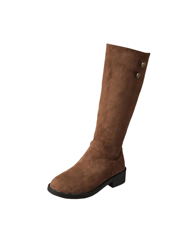 Knee High Boots for Women Side Zipper Block Low Heel Button Decoration Suede Tall Boots