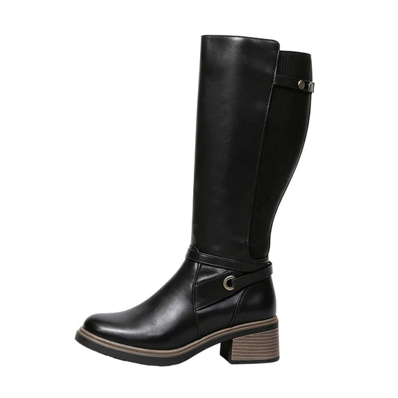 Xfvqtps Knee High Boots for Women Wide Calf Side Zipper Block Low Heel Faux Leather Tall Boots