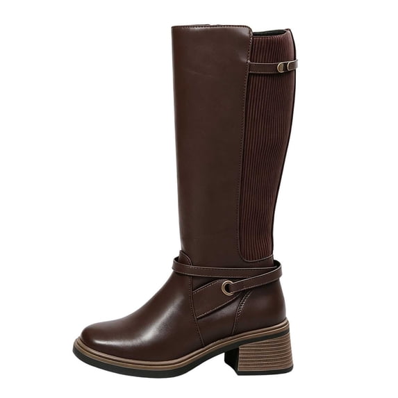 Xfvqtps Knee High Boots for Women Wide Calf Side Zipper Block Low Heel Faux Leather Tall Boots