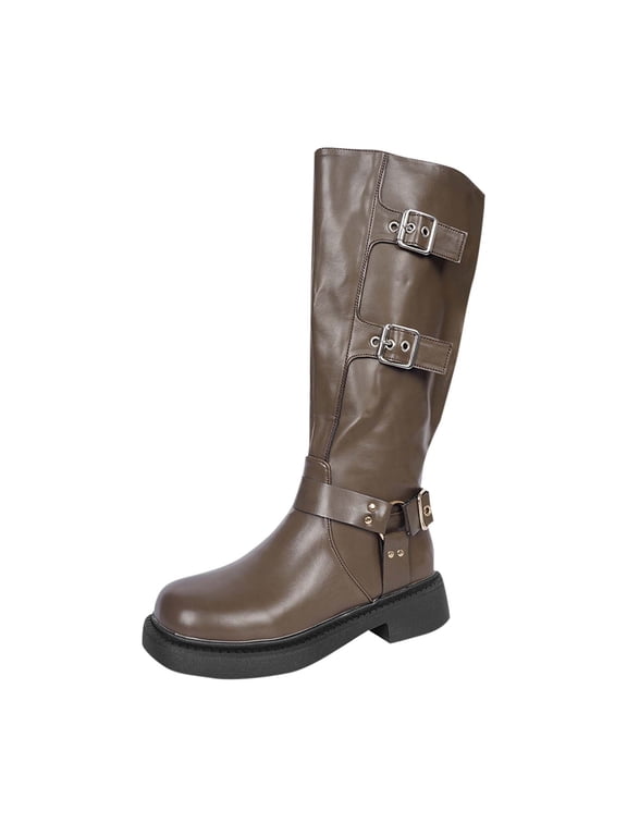 Knee High Boots for Women Wide Calf Side Zipper Square Toe Chunky Heel Metallic Ring Buckles Riding Fashion Casual Vintage Coffee