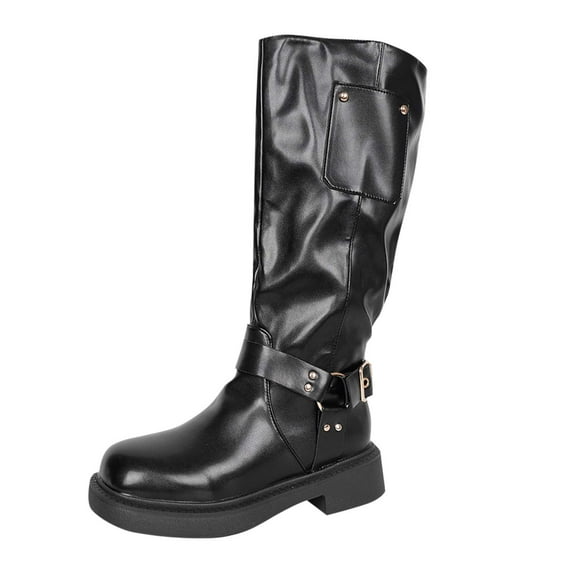 Xfvqtps Knee High Boots for Women Wide Calf Side Zipper Square Toe Flatform Chunky Heel Metallic Ring Rivet Riding Fashion Casual Vintage Black