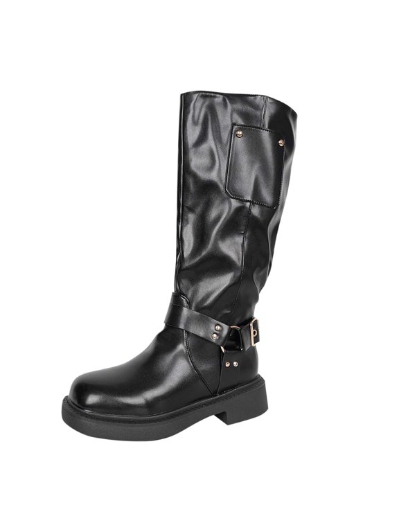 Knee High Boots for Women Wide Calf Side Zipper Square Toe Flatform Chunky Heel Metallic Ring Rivet Riding Fashion Casual Vintage Black