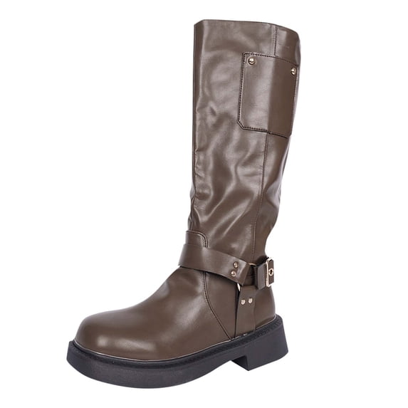 Xfvqtps Knee High Boots for Women Wide Calf Side Zipper Square Toe Flatform Chunky Heel Metallic Ring Rivet Riding Fashion Casual Vintage Brown