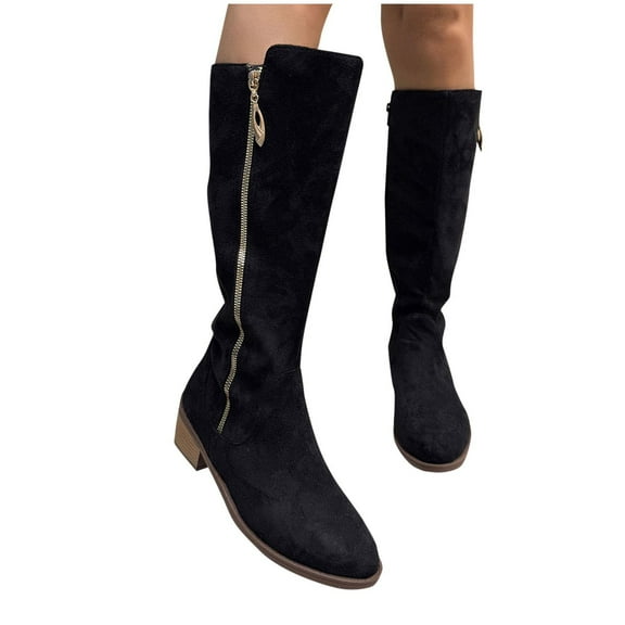 Xfvqtps Knee High Boots for Women Winter Fashion Pointed Toe Side Zipper Suede Boots Chunky Heel Mid Calf Boots Casual Street Style Black