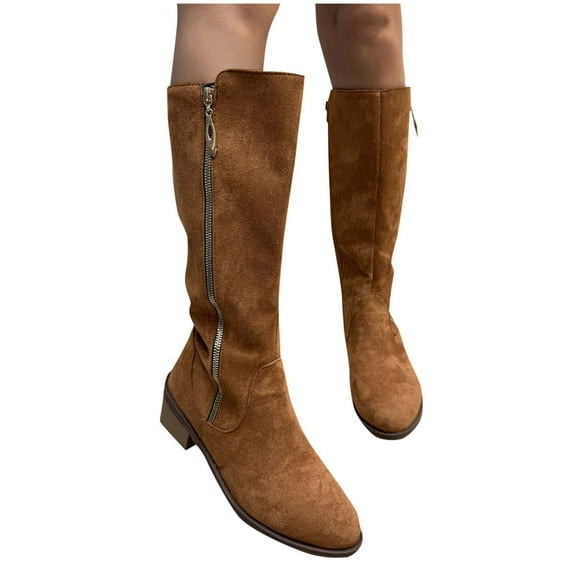 Xfvqtps Knee High Boots for Women Winter Fashion Pointed Toe Side Zipper Suede Boots Chunky Heel Mid Calf Boots Casual Street Style Brown