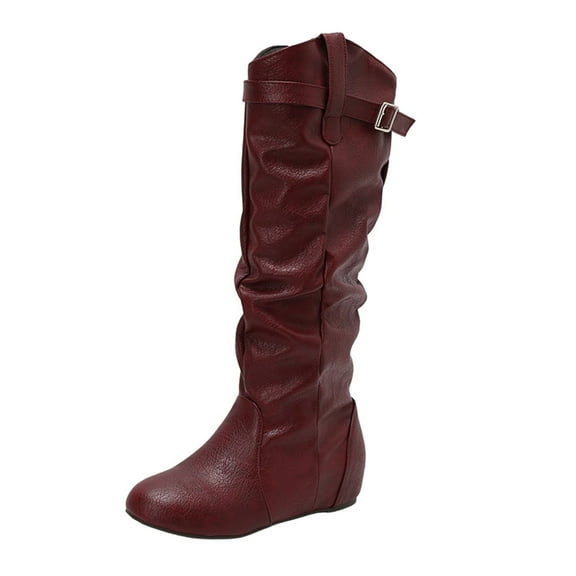 Xfvqtps Knee High Boots for Women Winter Fashion Slouchy Boots Wedge Heel Fleece Lined Comfortable Booties with Buckle Strap Detail Wine