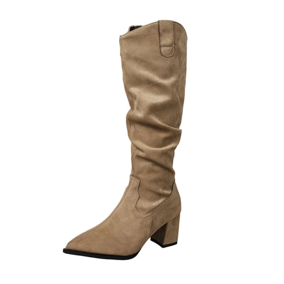 Xfvqtps Knee High Boots for Women Zipper Back Chunky Low Heel Pointed Toe Suede Tall Boots