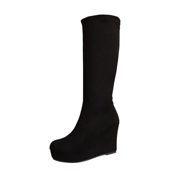 Xfvqtps Knee High Wedge Boots for Women Round Toe Pull on Suede Tall Boots