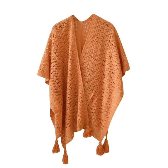 Xfvqtps Knit Shawl Wrap for Women Tassels Hollow Out Bohemian Style Casual Travel Scarf Wrap Cape Fashion Shoulder Tops Fall Shawl Orange