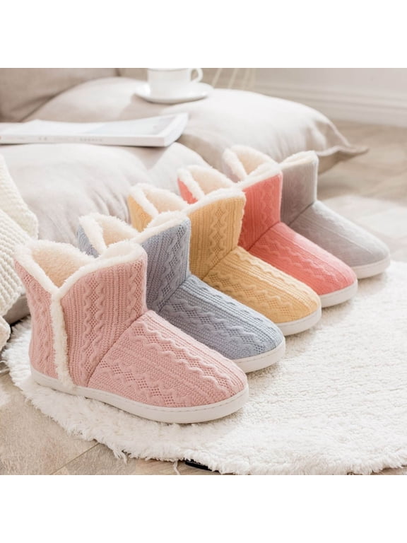Knit Slipper Boots for Womens up to Ankle Plush Lined Fuzzy Solid Color Slip on Soft Sole Memory Foam Non Slip Insulated Warm Winter Snow Boots Black