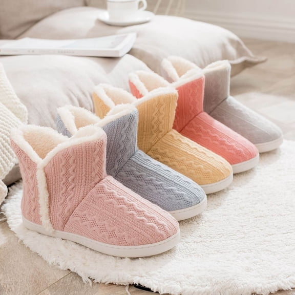 Xfvqtps Knit Slipper Boots for Womens up to Ankle Plush Lined Fuzzy Solid Color Slip on Soft Sole Memory Foam Non Slip Insulated Warm Winter Snow Boots Pink