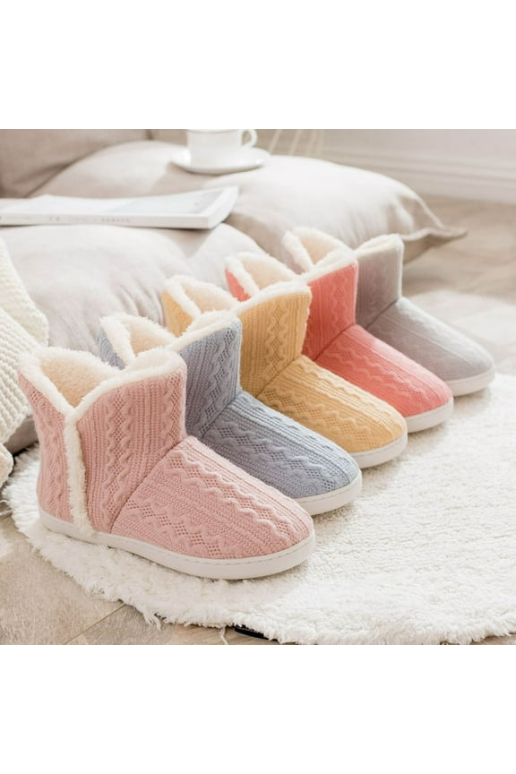Knit Slipper Boots for Womens up to Ankle Plush Lining Fuzzy Solid Color Slip on Soft Sole Memory Foam Non Slip Insulated Warm Winter Snow Boots Pink