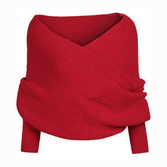 Xfvqtps Knitted Shawl Wrap Top for Women Cross V Neck Knitting Solid Color Pullover Warm Fall Winter Sweater Shawl Red