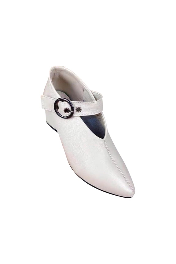 Ladys French Pumps Pointed Toe Chunky Heels Buckle Simplicity Solid Color Retro Elegant Fashion Work Office Leather Shoes Slip Sole Shallow Mouth Casual Shoes Beige