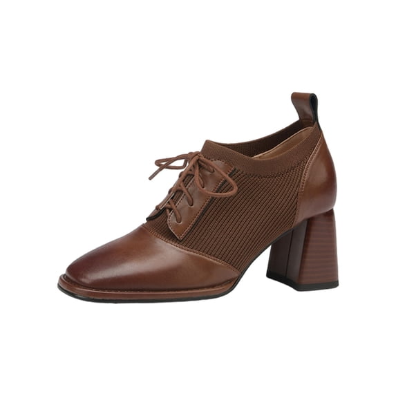 Xfvqtps Ladys High Heel Shoes Chunky Heel Apron Toe Lace up Knitting Grace Retro Leather Shoes Heel High 6CM Brown