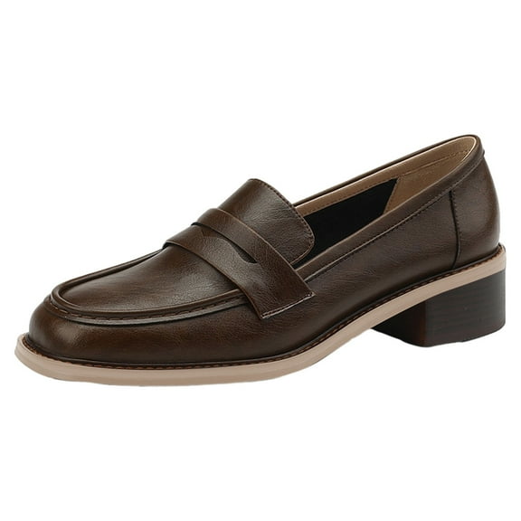 Xfvqtps Ladys Loafer Shoes Simplicity Chunky Heel Apron Toe Cork Soft Sole Office Leather Shoes Heel High 4CM Brown