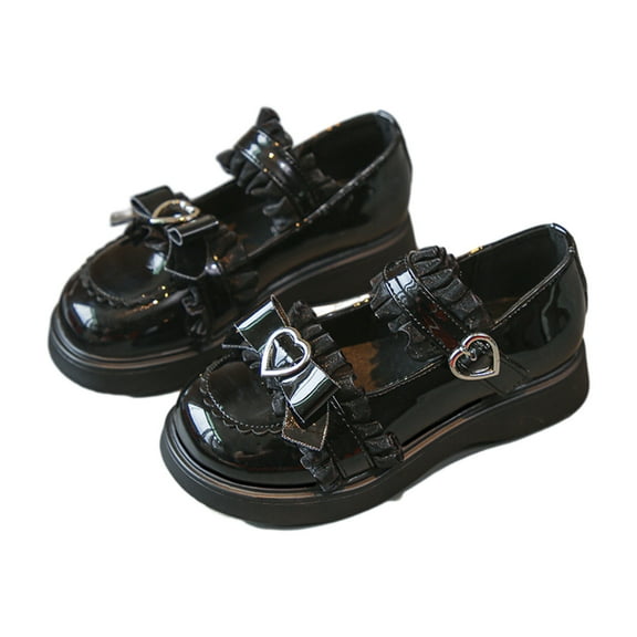 Xfvqtps Ladys Loafer Shoes Thick Bottom Platform Round Toe Bowknot Lace Metal Love Adjustable Buckle Soft Sole Lolita Patent Leather Shoes Heel High 3CM Black