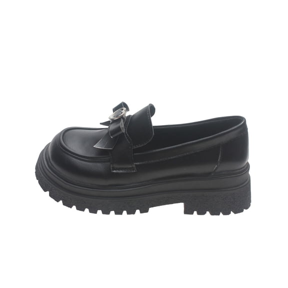 Xfvqtps Ladys Loafer Shoes Thick Bottom Round Toe Bowknot Metal Love Soft Sole Leather Shoes Heel High 3CM Black