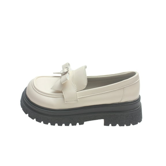 Xfvqtps Ladys Loafer Shoes Thick Bottom Platform Round Toe Bowknot Metal Love Soft Sole Lolita Leather Shoes Heel High 3CM White