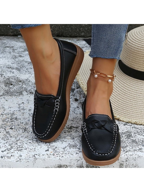 Ladys Loafers Thick Bottom Round Toe Soft Sole Non Slip Comfortable Breathable Fashion Work Moccasins Leather Shoes Spring New Slip on Casual Shallow Mouth Mother Shoes Black