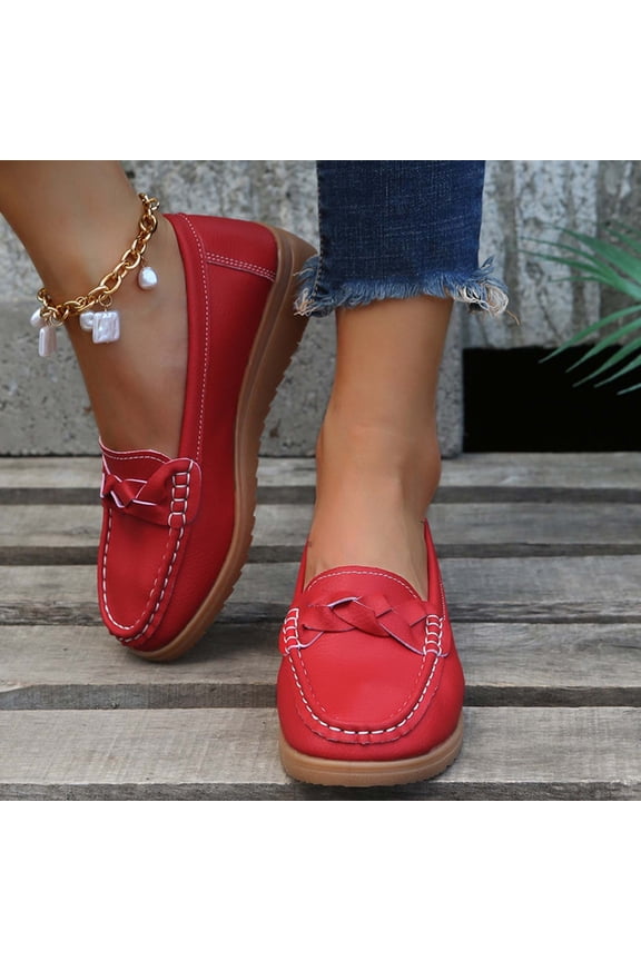 Ladys Loafers Thick Bottom Round Toe Soft Sole Non Slip Comfortable Breathable Fashion Work Moccasins Leather Shoes Spring New Slip on Casual Shallow Mouth Mother Shoes Red