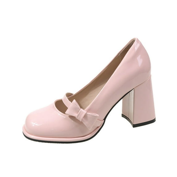 Xfvqtps Ladys Mary Jane High-Heeled Shoes Bowknot Chunky Heel Round Toe Princess Grace Patent Leather Shoes Heel High 6CM Pink