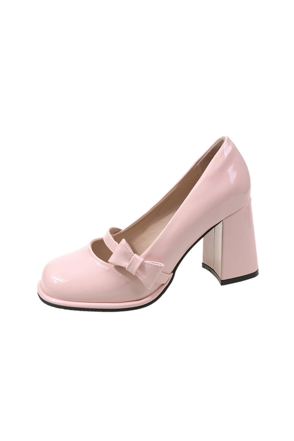 Ladys Mary Jane High-Heeled Shoes Bowknot Chunky Heel Round Toe Princess Grace Patent Leather Shoes Heel High 6CM Pink