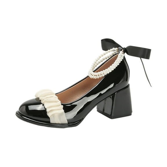 Xfvqtps Ladys Mary Jane High-Heeled Shoes Lace Chunky Heel Round Toe Ankle Strap Pumps Princess Grace Gentle Patent Leather Shoes Heel High 6CM Black