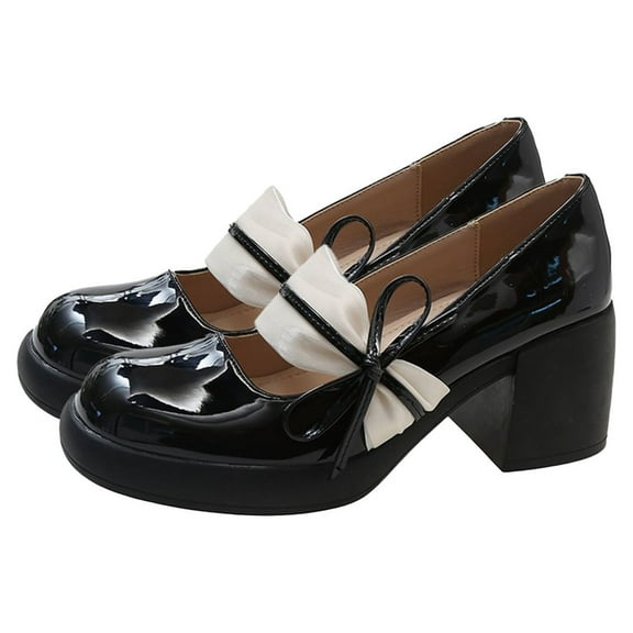 Xfvqtps Ladys Mary Jane High-Heeled Shoes Solid Color Bow Lace Flatform Round Toe Chunky Heel Elegant Ankle Strap Patent Pumps Shoes Heel High 6CM Black