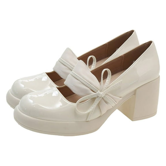 Xfvqtps Ladys Mary Jane High-Heeled Shoes Solid Color Bow Lace Flatform Round Toe Chunky Heel Elegant Ankle Strap Patent Pumps Shoes Heel High 6CM White