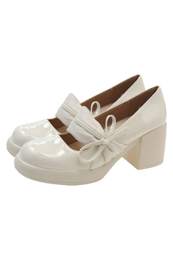 Ladys Mary Jane High-Heeled Shoes Solid Color Bow Lace Flatform Round Toe Chunky Heel Elegant Ankle Strap Patent Pumps Shoes Heel High 6CM White