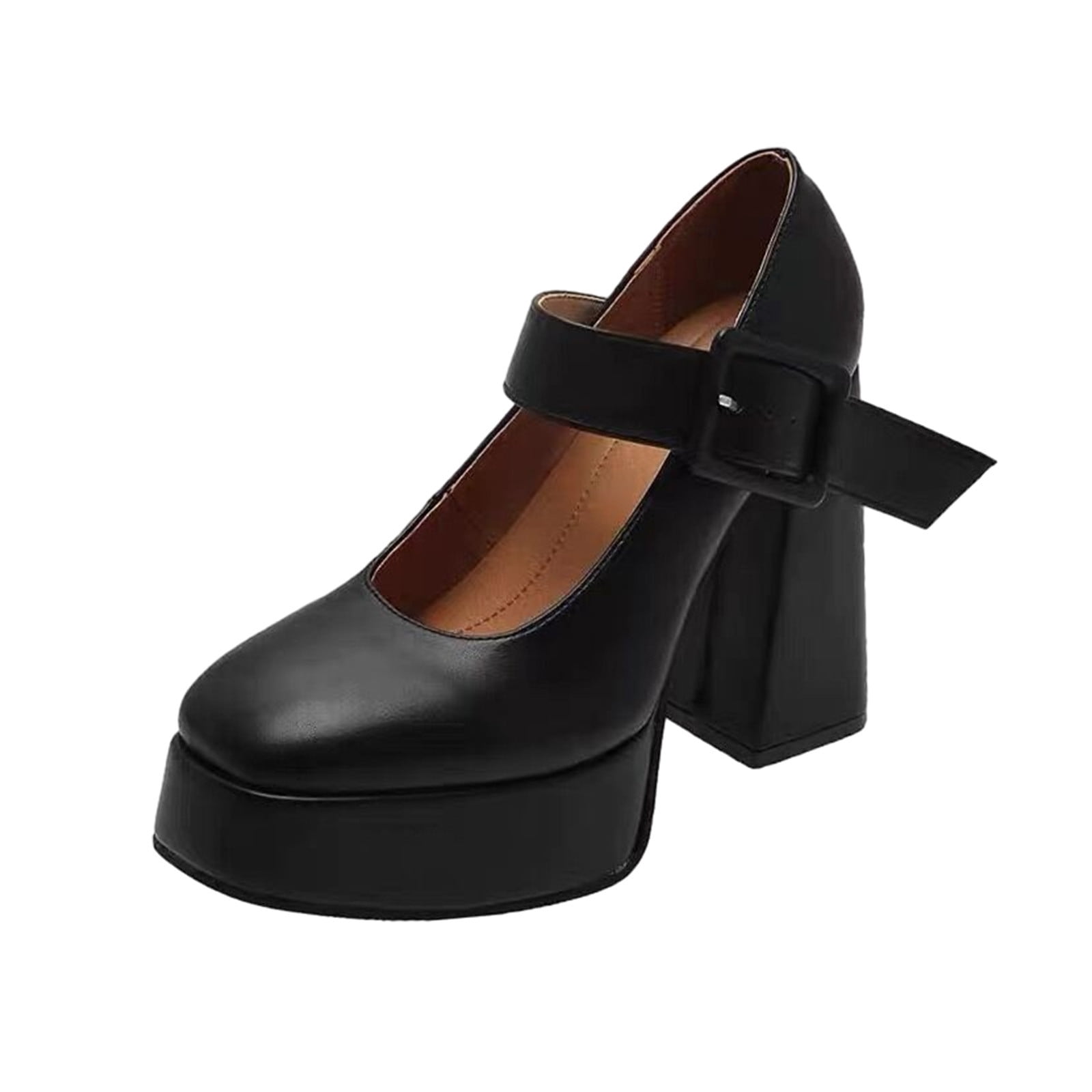 Scarpe Mary Jane Donna Con Tacco Blocco - Punta Quadrata, Doppia Cinghia Alla Caviglia, Materiale Sintetico