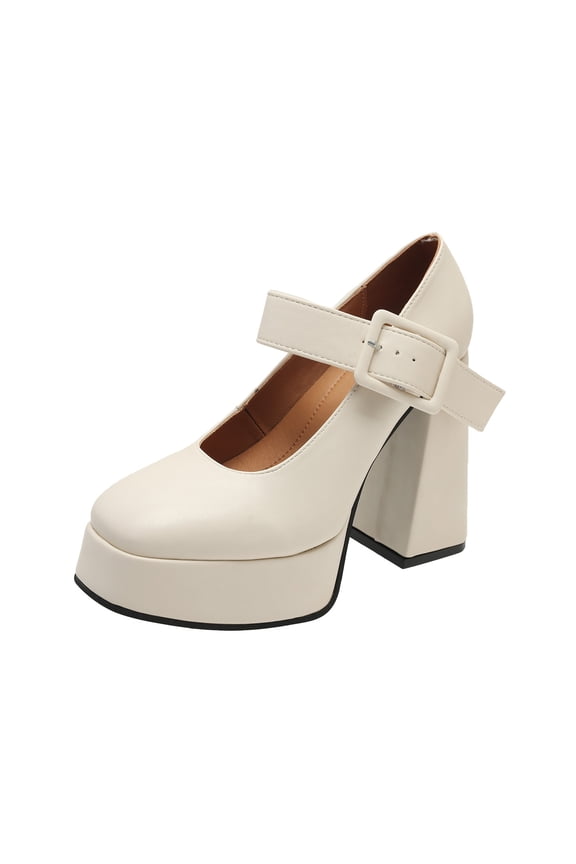 Ladys Mary Jane High-Heeled Shoes Solid Color French Retro Buckle Flatform Square Toe Chunky Heel Ankle Strap Pumps Heel High 8CM White