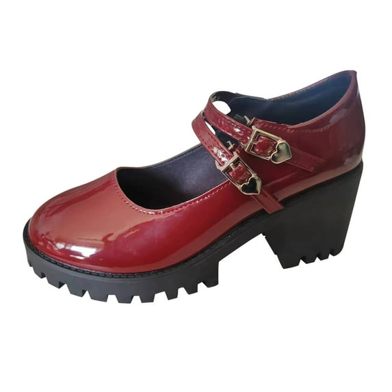 Xfvqtps Ladys Mary Jane Shoes Large Size British Style Double Love Buckle Flatform Chunky Heel Patent Leather Fashion Retro Elegant Classic Brogues Shoes Shallow Cut Leather Loafers Red