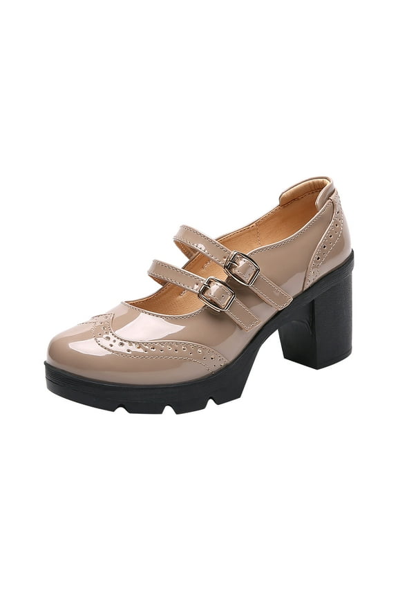 Ladys Mary Jane Shoes Large Size British Style Hollow Out Solid Color Double Metal Buckle Patent Leather Chunky Heel Fashion Retro Elegant Classic Brogues Shoes Beige