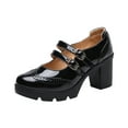 thumbnail image 1 of Xfvqtps Ladys Mary Jane Shoes Large Size British Style Hollow Out Solid Color Double Metal Buckle Patent Leather Chunky Heel Fashion Retro Elegant Classic Brogues Shoes Black, 1 of 5