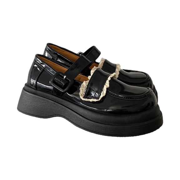 Xfvqtps Ladys Mary Jane Shoes Thick Bottom Round Toe Lace Buckle Soft Sole Patent Leather Shoes Heel High 3CM Black
