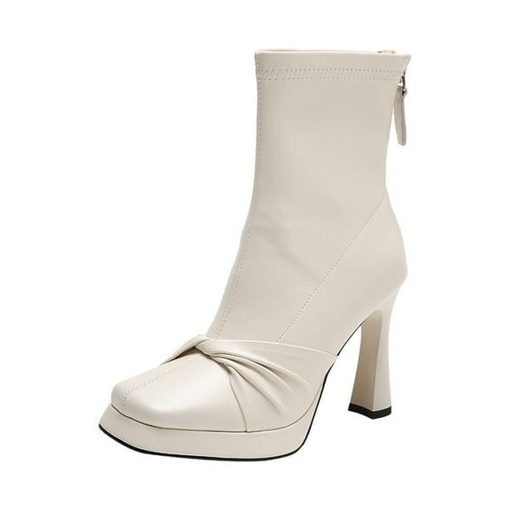 Xfvqtps Ladys Mid Calf Booties Simplicity Platform Square Toe Bow High Heel Rear Ankle Zipper Leather Shoes Heel High 8CM White