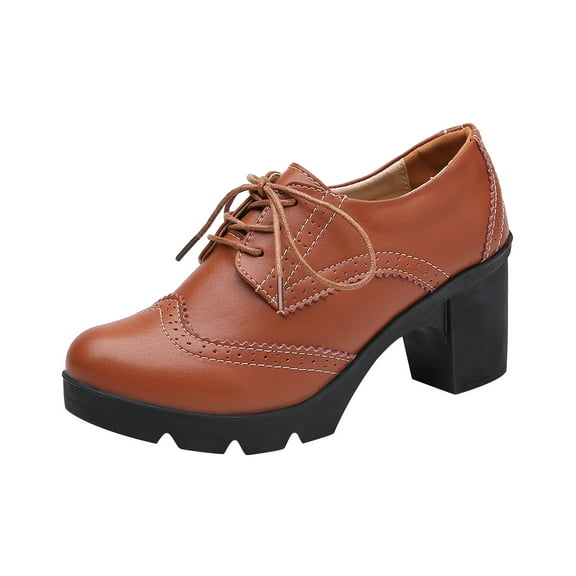 Xfvqtps Ladys Oxford Shoes British Style Chunky Heel Platform Hollow Out Wingtips Toe Lace Up Solid Color Fashion Retro Classic Leather Brogues Shoes Coffee