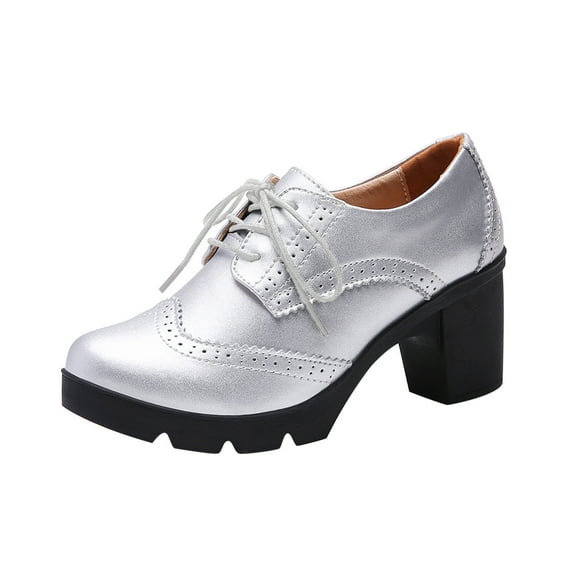Xfvqtps Ladys Oxford Shoes British Style Chunky Heel Platform Hollow Out Wingtips Toe Lace Up Solid Color Fashion Retro Classic Leather Brogues Shoes Silver