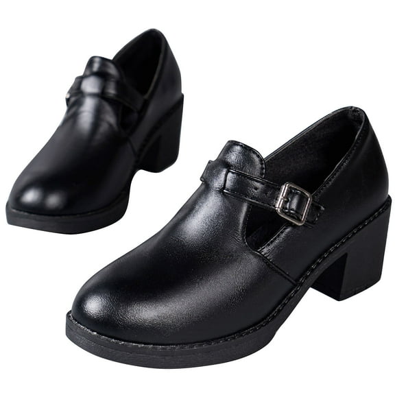 Xfvqtps Ladys Oxford Shoes British Style Simplicity Solid Color Buckle Chunky Heel Round Toe Elegant Comfortable Retro Work Office New Line Thick Soled Heel Leather Shoes Black