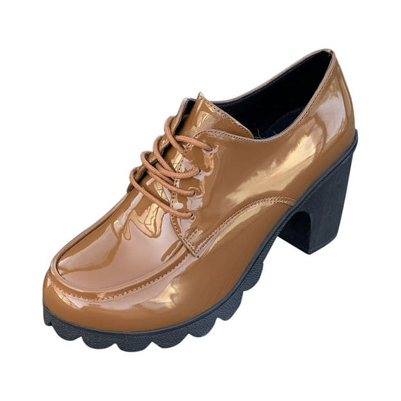 Xfvqtps Ladys Oxford Shoes Chunky Heel Flatform Wingtips Toe Lace up Patent Leather Fashion Retro Elegant Classic Leather Brogues Shoes Strappy Chunky Heel High Heels Solid Pump Shoes Brown